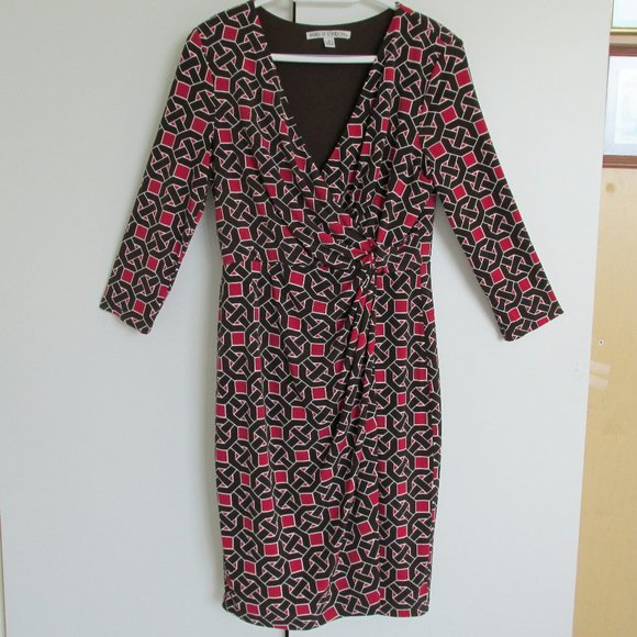 Maggy London Brown & Red Jersey Faux Wrap Dress - Picture 1 of 7
